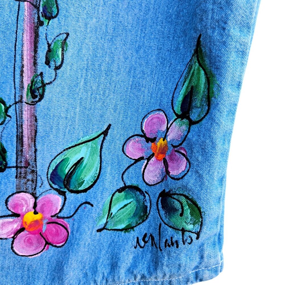 Vintage 80s Hand Painted Denim Vest XXL Plus Size Cottage Prairie Birds - Picture 9 of 11